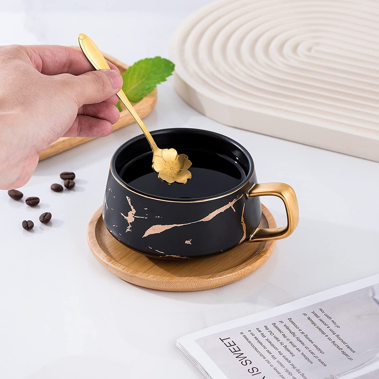 Jusalpha 10 oz Luxury Golden Hand Print Coffee Teacup with Bamboo Saucer Set Fashion Marble Pattern for Women TCS19 (White)