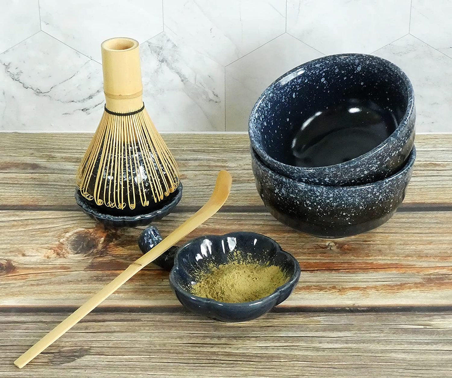 Harold & Harold 9 Pieces Matcha Starter Tea Set. 2 Bowl Kit With Japanese Ceremony Style Bamboo Whisk Mixer 2 Piece Special Unique Anti Drip Holder And Traditional Table Runner. Exclusive Accessories