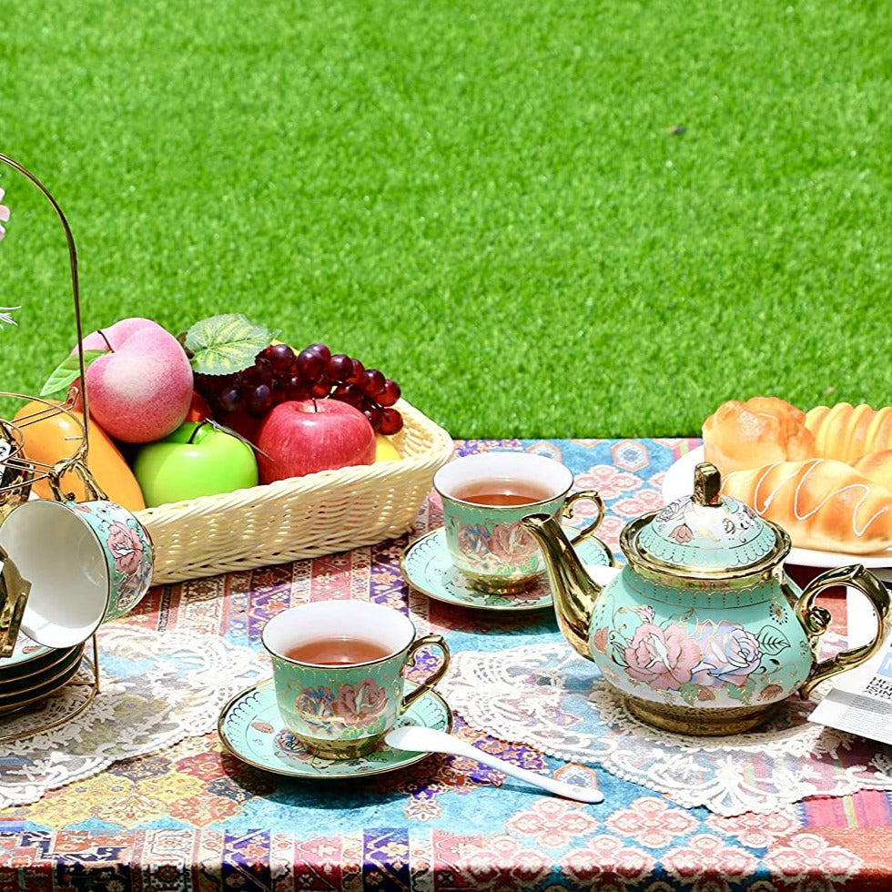 Gilded Pastel Garden 20 Pieces Porcelain Tea Set With Metal Holder