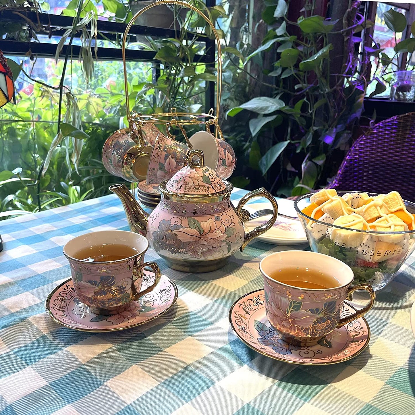 Gilded Pastel Garden 20 Pieces Porcelain Tea Set With Metal Holder