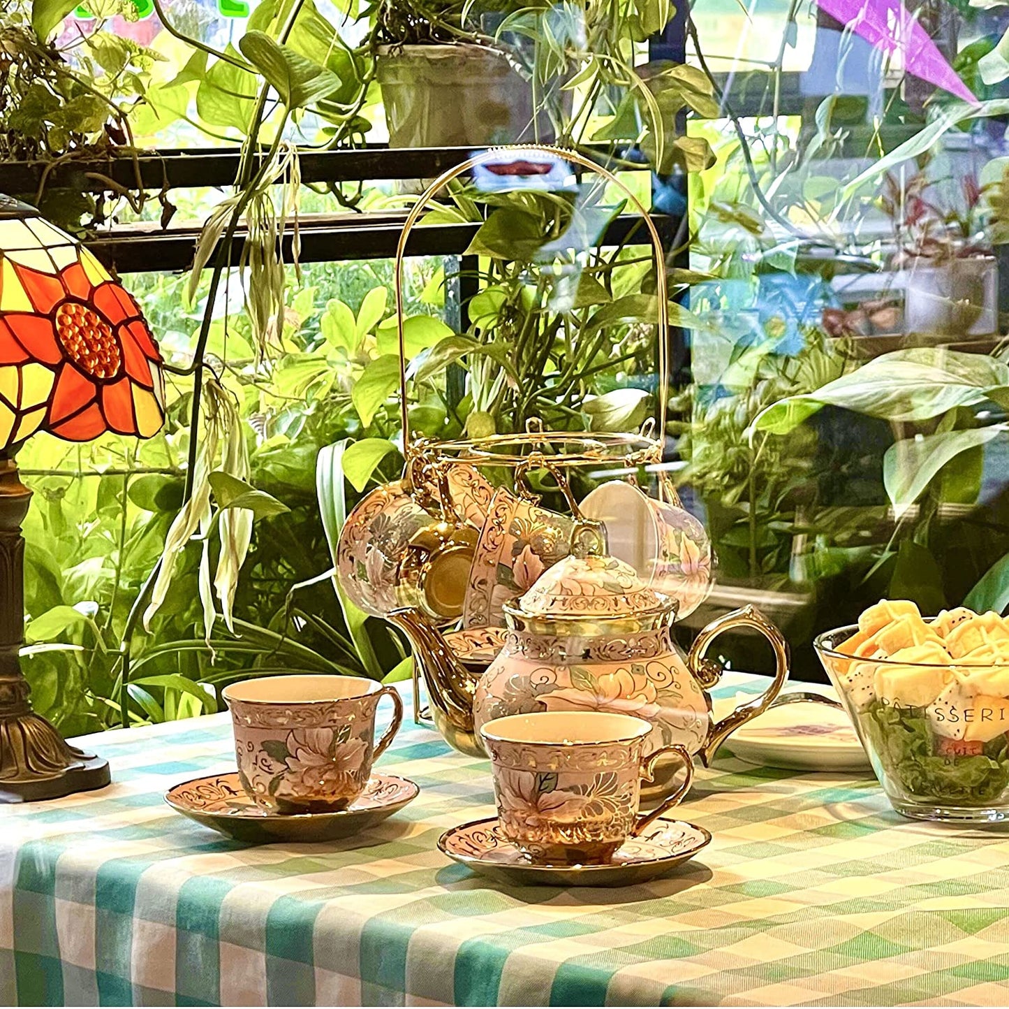 Gilded Pastel Garden 20 Pieces Porcelain Tea Set With Metal Holder