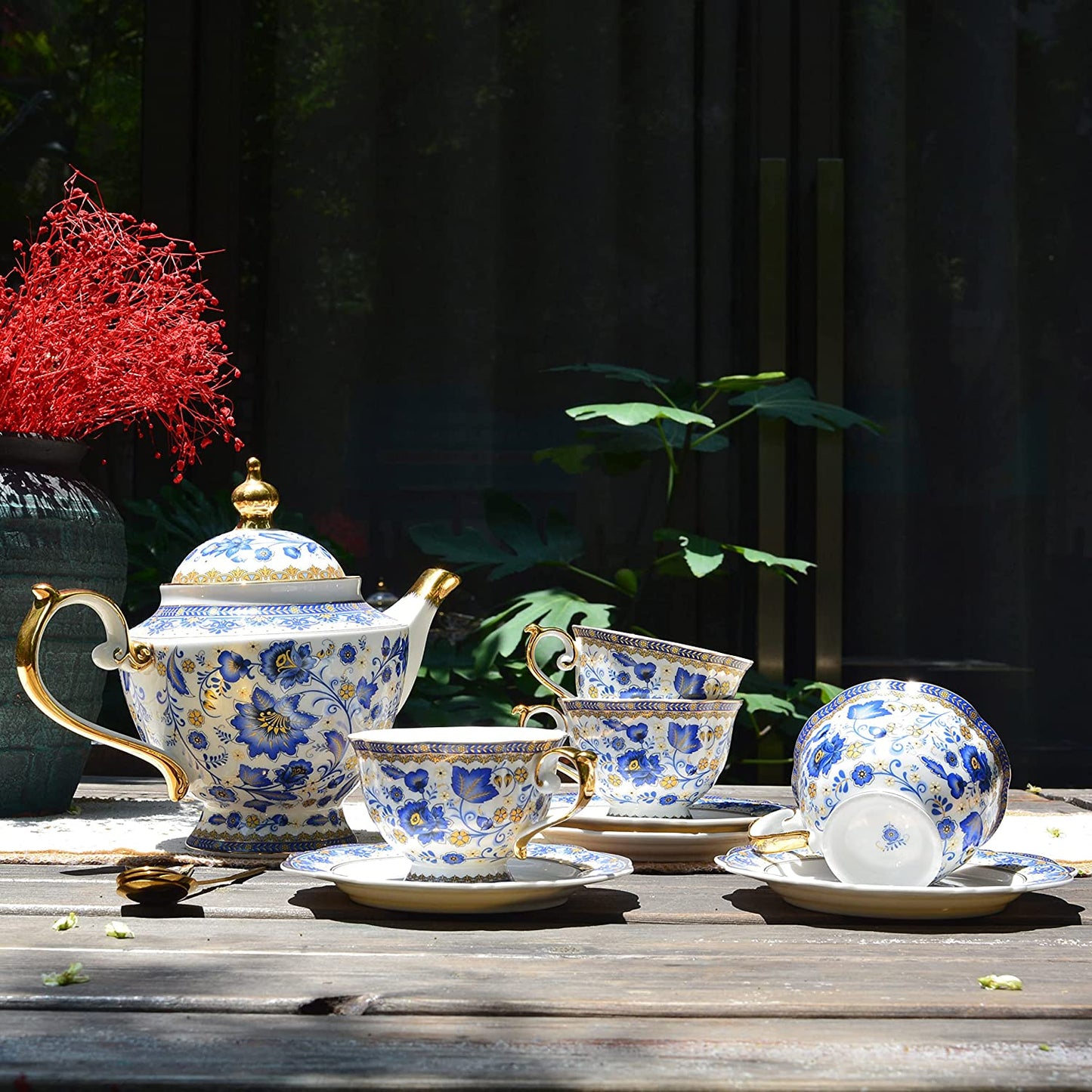 ACMLIFE Bone China Tea Set for 6 Adults, 21 Piece Blue and White Porcelain Tea Set, Vintage Floral Tea Sets for Women Tea Party or Gift Giving