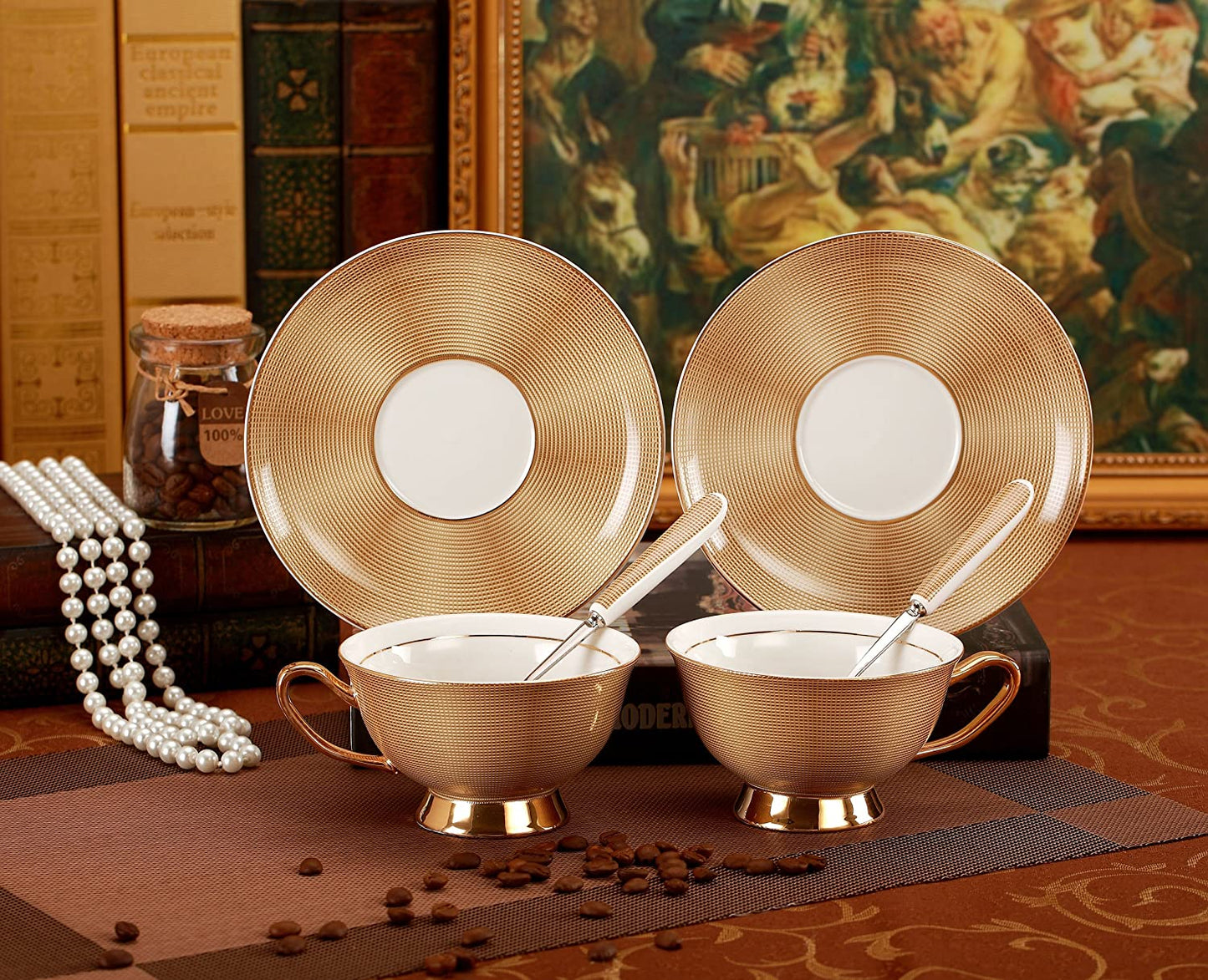 Jusalpha® Porcelain Tea Set-Golden Brown Tea Cup and Saucer Coffee Cup Set with Spoon FD-TCS09 (Set of 6)