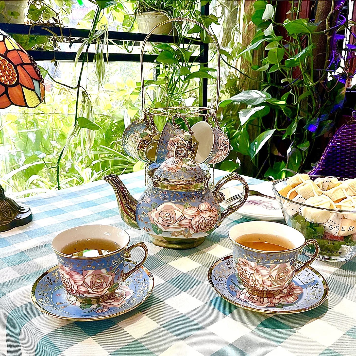 Gilded Pastel Garden 20 Pieces Porcelain Tea Set With Metal Holder