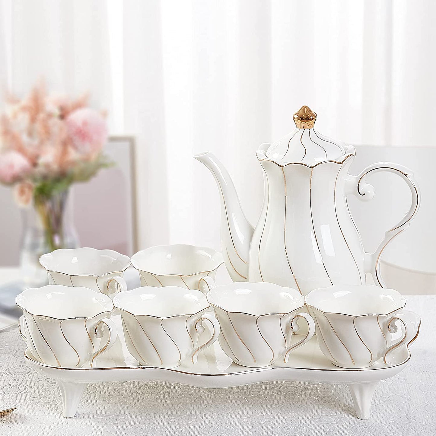 French Swirl Porcelain 14 pcs Tea Set for 6 with Tea Tray & Spoons