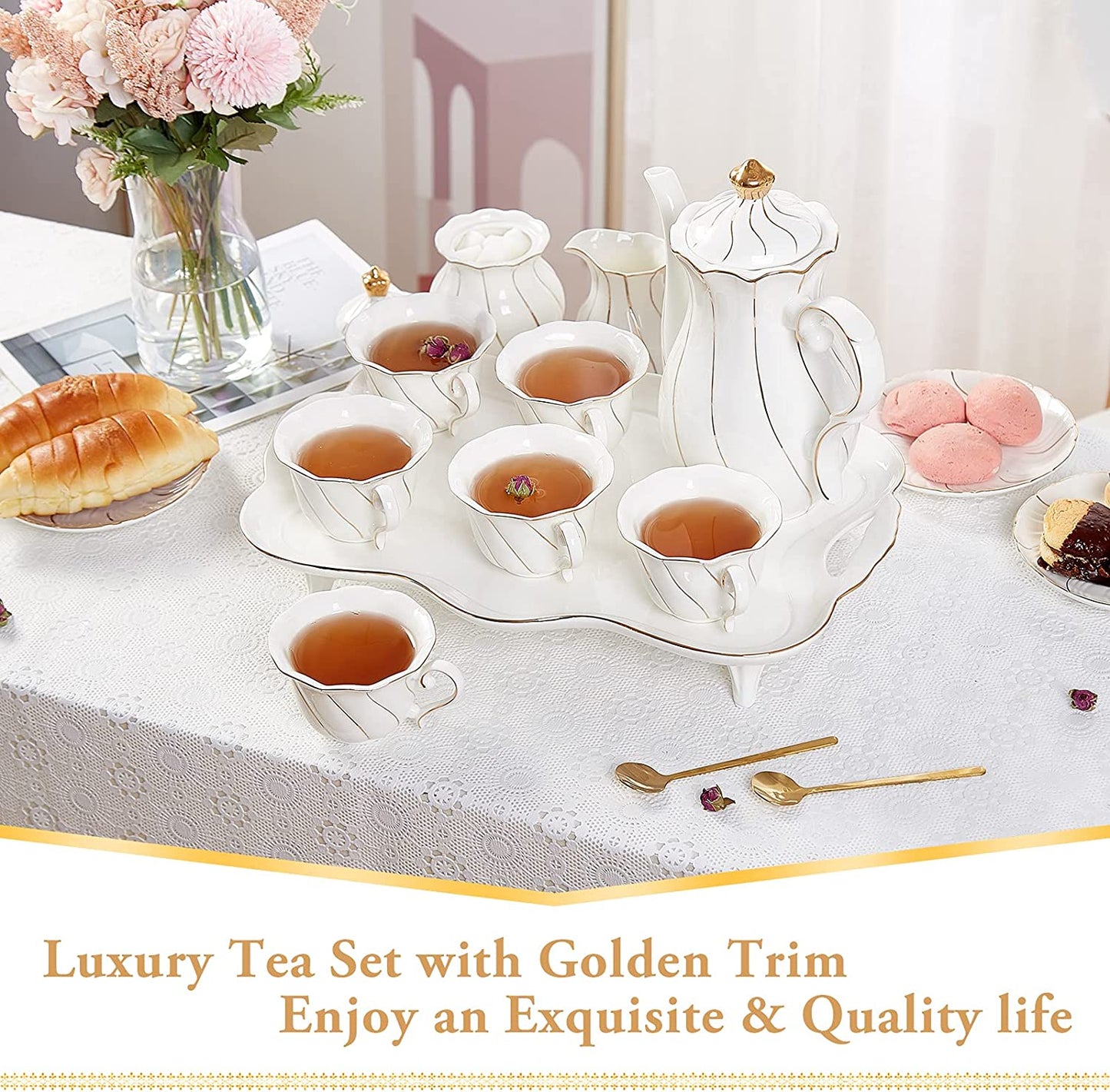 French Swirl Porcelain 14 pcs Tea Set for 6 with Tea Tray & Spoons
