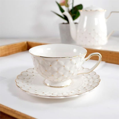Jiallo 6 oz Ceramic Tea Cup & Saucer Gold Dots in White Finish