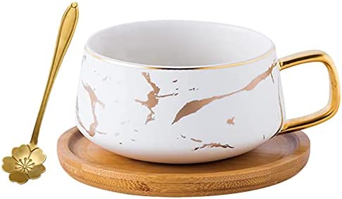 Jusalpha 10 oz Luxury Golden Hand Print Coffee Teacup with Bamboo Saucer Set Fashion Marble Pattern for Women TCS19 (White)