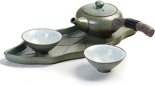 Japanese Coarse Pottery Green Tea Set With Leaf Tray And 2 Tea Cups, Gift Box. 日本茶セット