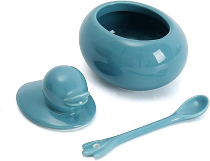 HSOFBLUES Ceramic Sugar Bowl with Spoon and Lid, Cute Duck Farmhouse Style Seasoning Salt Storage Turquoise Blue