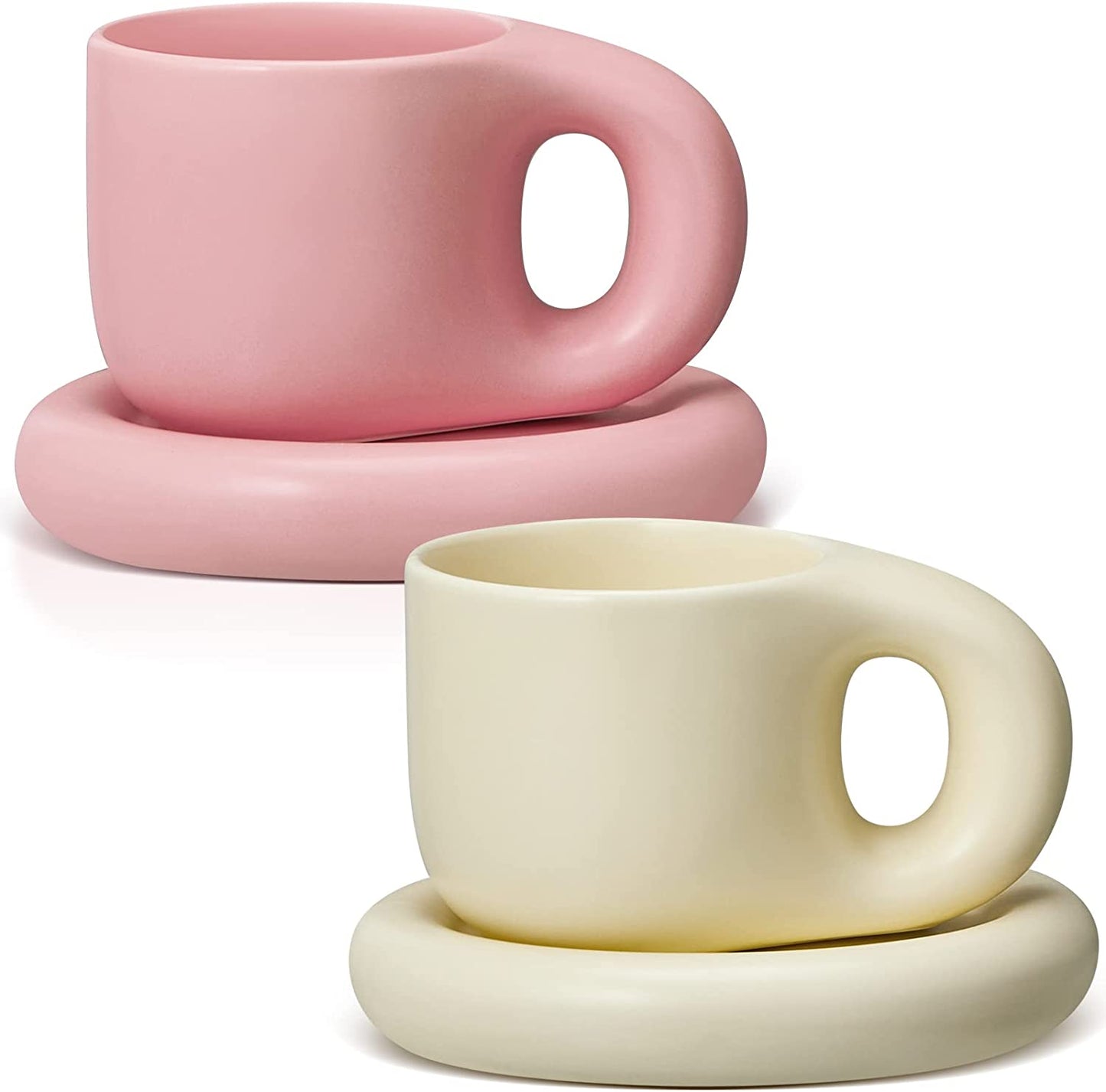 2 Pieces Ceramic Cloud Mug Cute Cup with Coaster 7oz Cute Ceramic Coffee Mug with Saucer Set for Office Home Coffee Tea Latte Milk, Pink and Pearl White (Chubby)