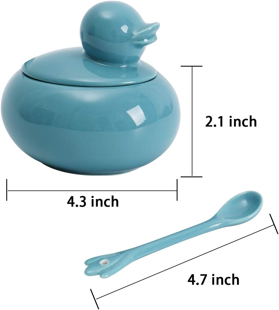 HSOFBLUES Ceramic Sugar Bowl with Spoon and Lid, Cute Duck Farmhouse Style Seasoning Salt Storage Turquoise Blue