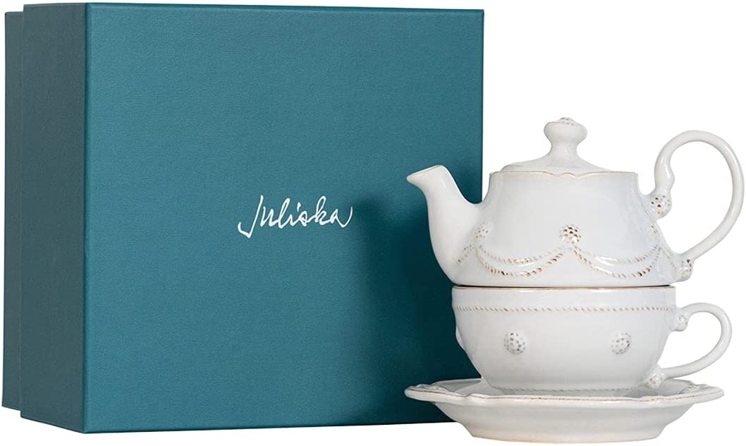 Juliska - Berry & Thread Whitewash Tea for One Set - White Ceramic, Tea Pot, Tea Cup, and Saucer