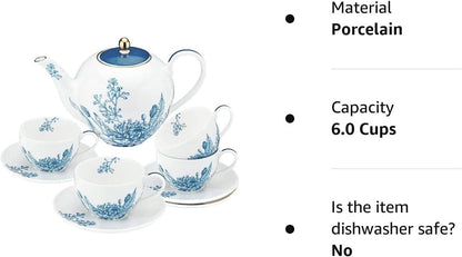 Herbalist Porcelain Tea Set 37oz Large Teapot with Infuser and Tea Cups and Saucers Set