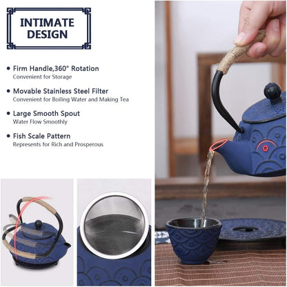 COOGOU Japanese Style Cast Iron Teapot Set with 4 Tea Cups Iron Tea Kettle with Infuser Hemp Rope Trivet Asian Gift for Adults Parents (Fish Scale Pattern, Blue,Anti Rust)