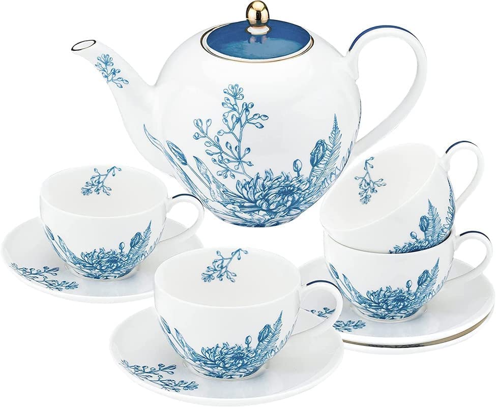 Herbalist Porcelain Tea Set 37oz Large Teapot with Infuser and Tea Cups and Saucers Set