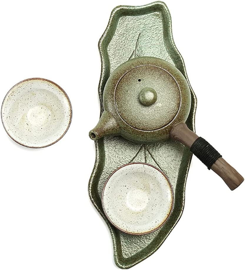 Japanese Coarse Pottery Green Tea Set With Leaf Tray And 2 Tea Cups, Gift Box. 日本茶セット