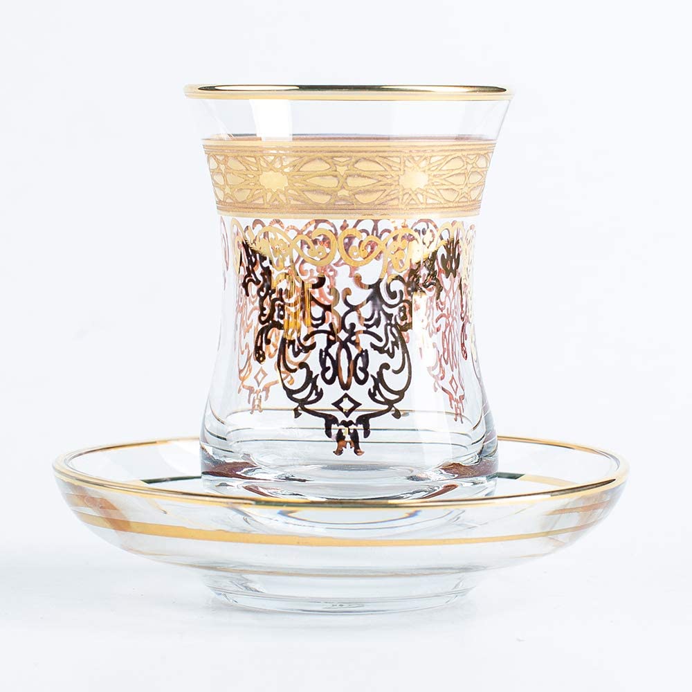Turkish-Style Glass Teacup and Saucer Set, Gold
