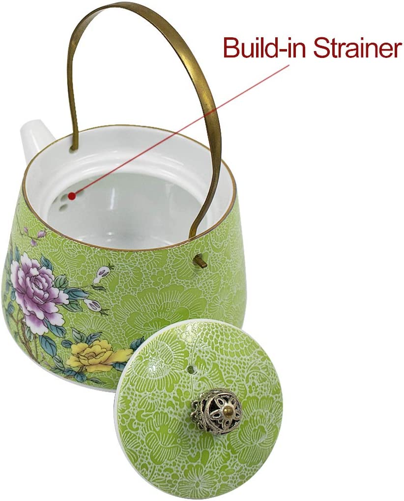 Dahlia Prosperity Peony Exquisite Filigree Porcelain Gongfu Tea Set (Teapot + 6 Teacups) Light Blue