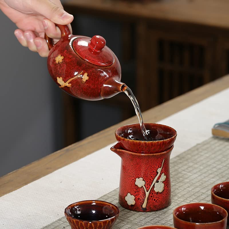 Chinese Plum Blossom 6 Cup Tea Set Kiln Glazed Dark Porcelain