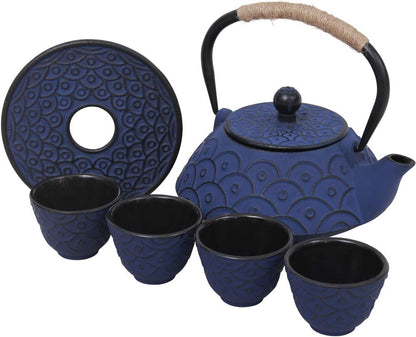 COOGOU Japanese Style Cast Iron Teapot Set with 4 Tea Cups Iron Tea Kettle with Infuser Hemp Rope Trivet Asian Gift for Adults Parents (Fish Scale Pattern, Blue,Anti Rust)