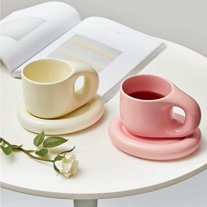 2 Pieces Ceramic Cloud Mug Cute Cup with Sunflower Coaster 7oz Cute Ceramic Coffee Mug with Saucer Set for Office Home Coffee Tea Latte Milk, Pink and Pearl White