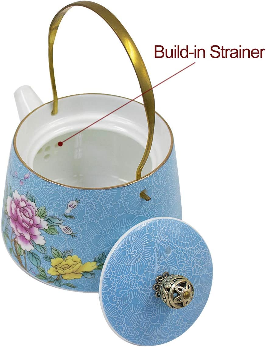 Dahlia Prosperity Peony Exquisite Filigree Porcelain Gongfu Tea Set (Teapot + 6 Teacups) Light Blue