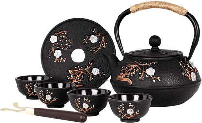 Japanese Style Cast Iron Teapot with 4 Tea Cups Trivet Tetsubin Tea Kettle with Infuser Chinese Tea Set for Adults Iron Tea Pots Black (Magpie and Plum Pattern)