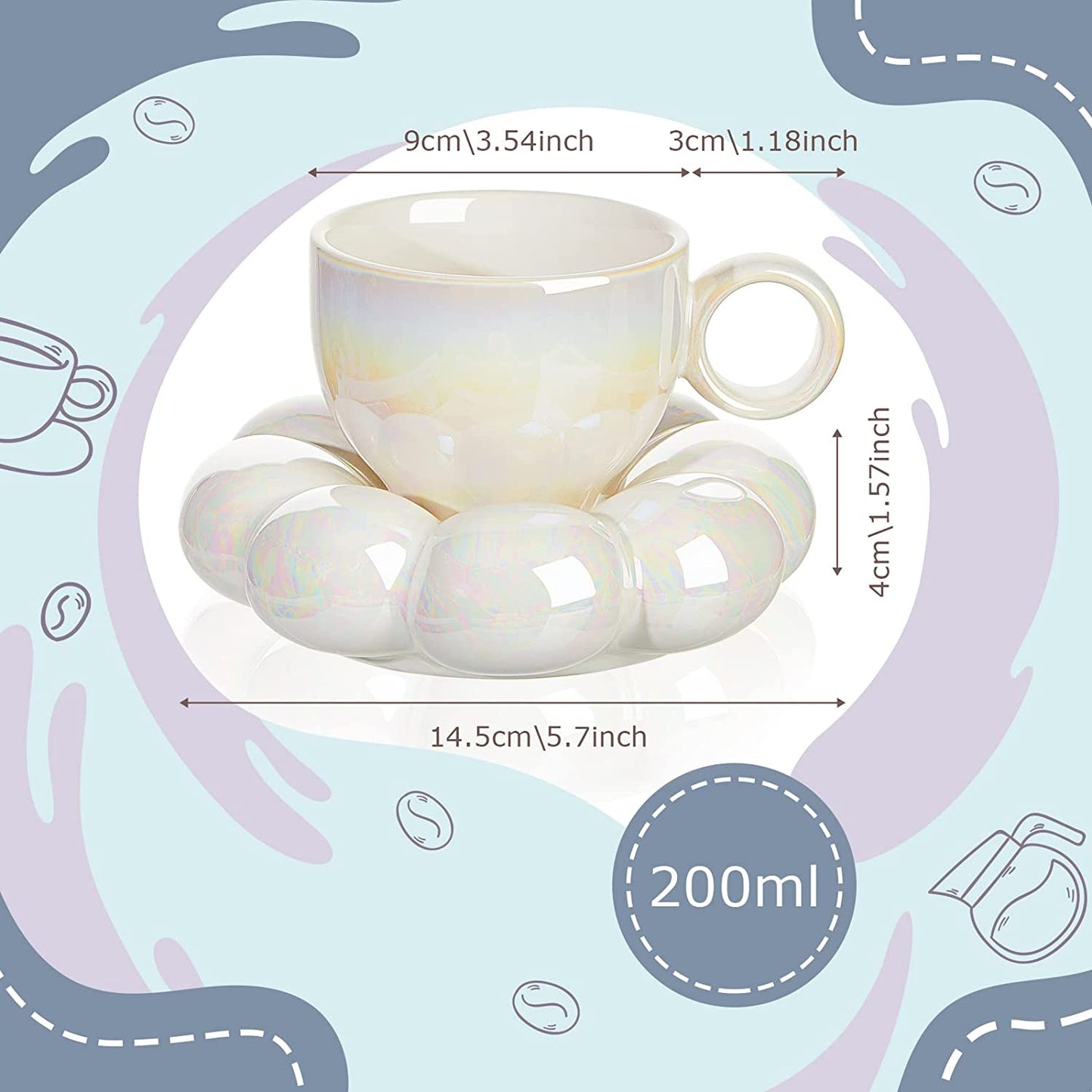 2 Pieces Ceramic Cloud Mug Cute Cup with Sunflower Coaster 7oz Cute Ceramic Coffee Mug with Saucer Set for Office Home Coffee Tea Latte Milk, Pink and Pearl White