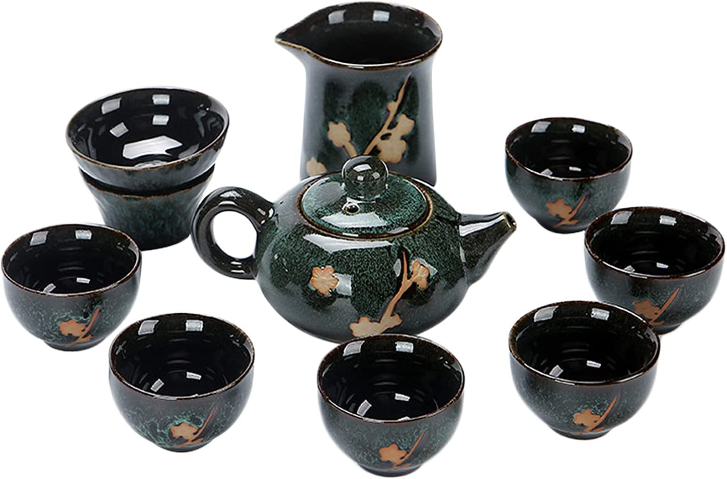 Chinese Plum Blossom 6 Cup Tea Set Kiln Glazed Dark Porcelain