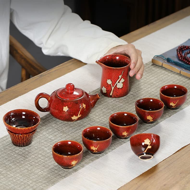 Chinese Plum Blossom 6 Cup Tea Set Kiln Glazed Dark Porcelain