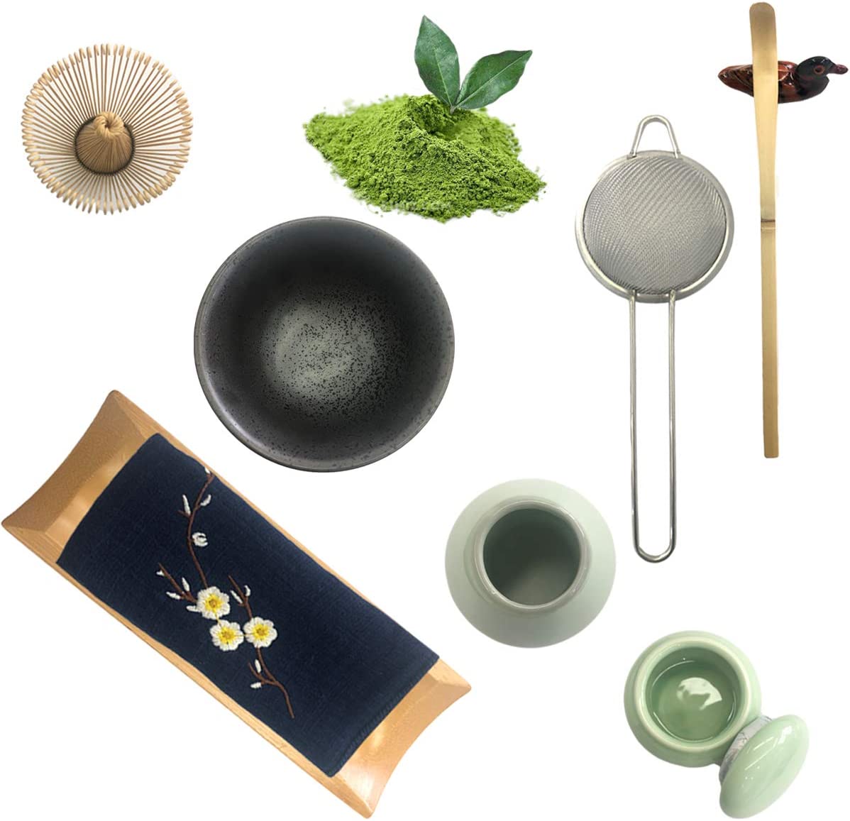 Artcome Japanese Matcha Tea Set, Matcha Whisk, Traditional Scoop, Matcha Bowl, Ceramic Whisk Holder, Matcha Caddy, Handmade Matcha Ceremony Kit For Traditional Japanese Tea Ceremony (9Pcs)