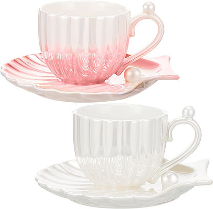 2 Pieces Ceramic Cloud Mug Cute Cup with Coaster 7oz Cute Ceramic Coffee Mug with Saucer Set for Office Home Coffee Tea Latte Milk, Pink and Pearl White (Chubby)