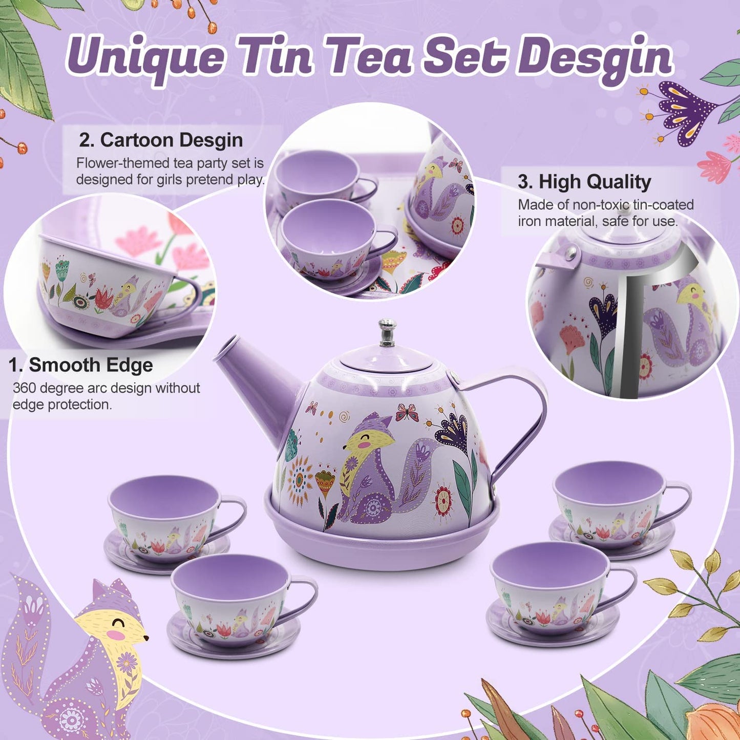 Flower Design 44 piece Tea Set for Little Girls, Princess Tea Time Toys Playset