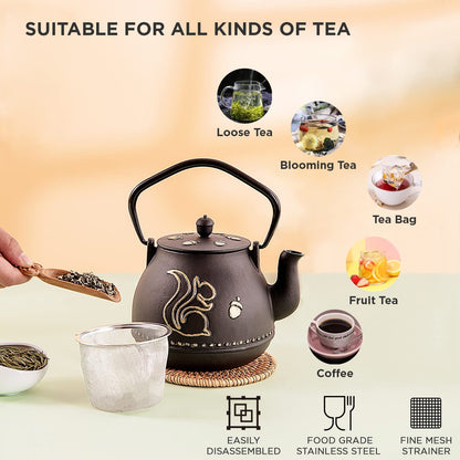 KOFPAR Tea Kettle, Japanese Cast Iron Teapot with Removable Stainless Steel Infuser, Cast Iron Tea Kettle Stovetop Safe, Tetsubin Coated with Enamel Interior (950 ml/33 oz)