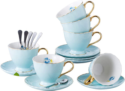 Jusalpha® Fine China Tea Cup and Saucer Coffee Cup Set with Saucer and Spoon Set of 6 (FD-TCS02 blue (6), 7oz)
