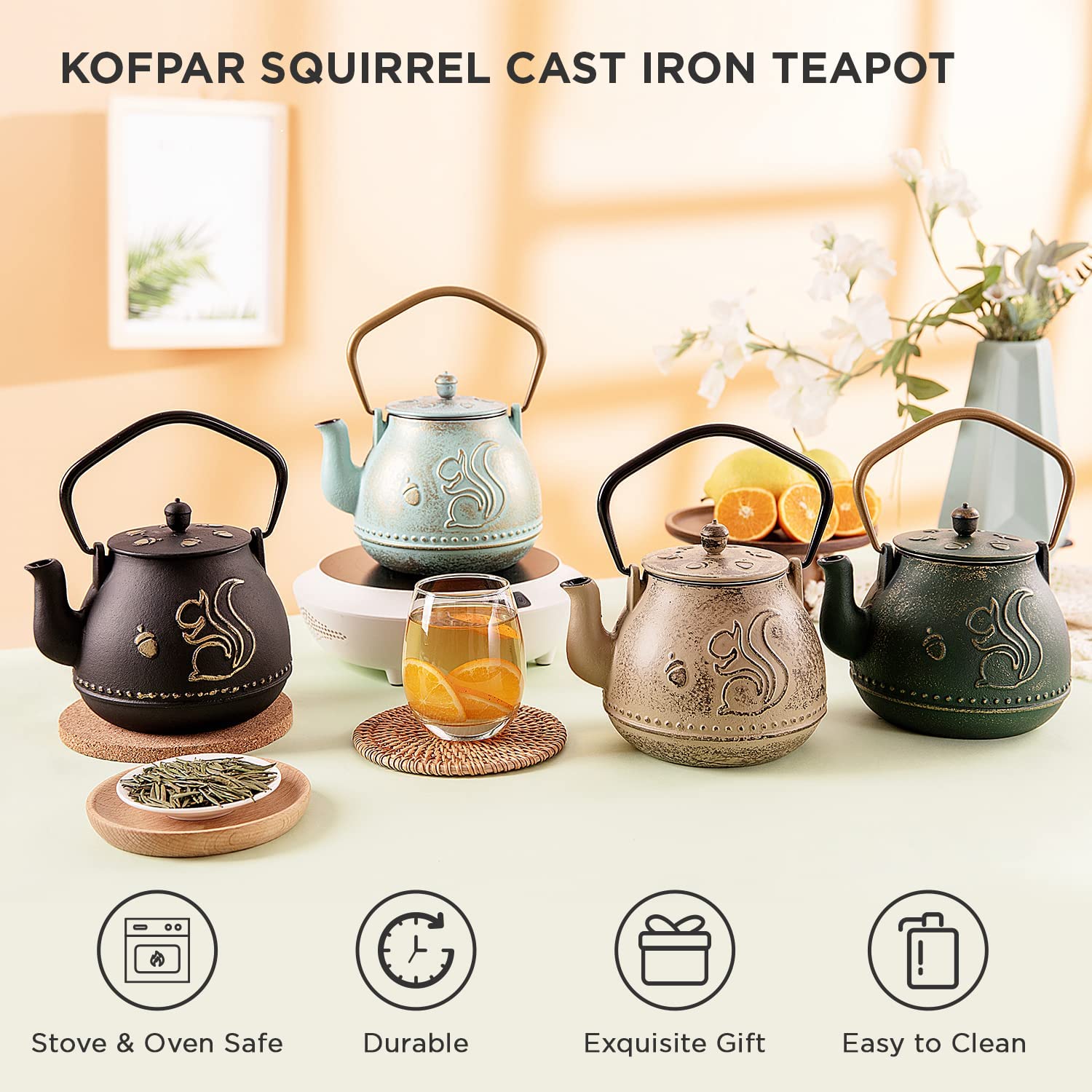 TOPTIER Tea Kettle for Stove Top, Cast Iron Teapot Stovetop  Safe with Infusers for Loose Tea, 22 oz, Light Green: Teapots