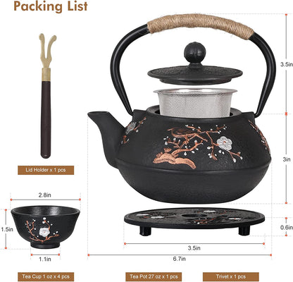 Japanese Style Cast Iron Teapot with 4 Tea Cups Trivet Tetsubin Tea Kettle with Infuser Chinese Tea Set for Adults Iron Tea Pots Black (Magpie and Plum Pattern)