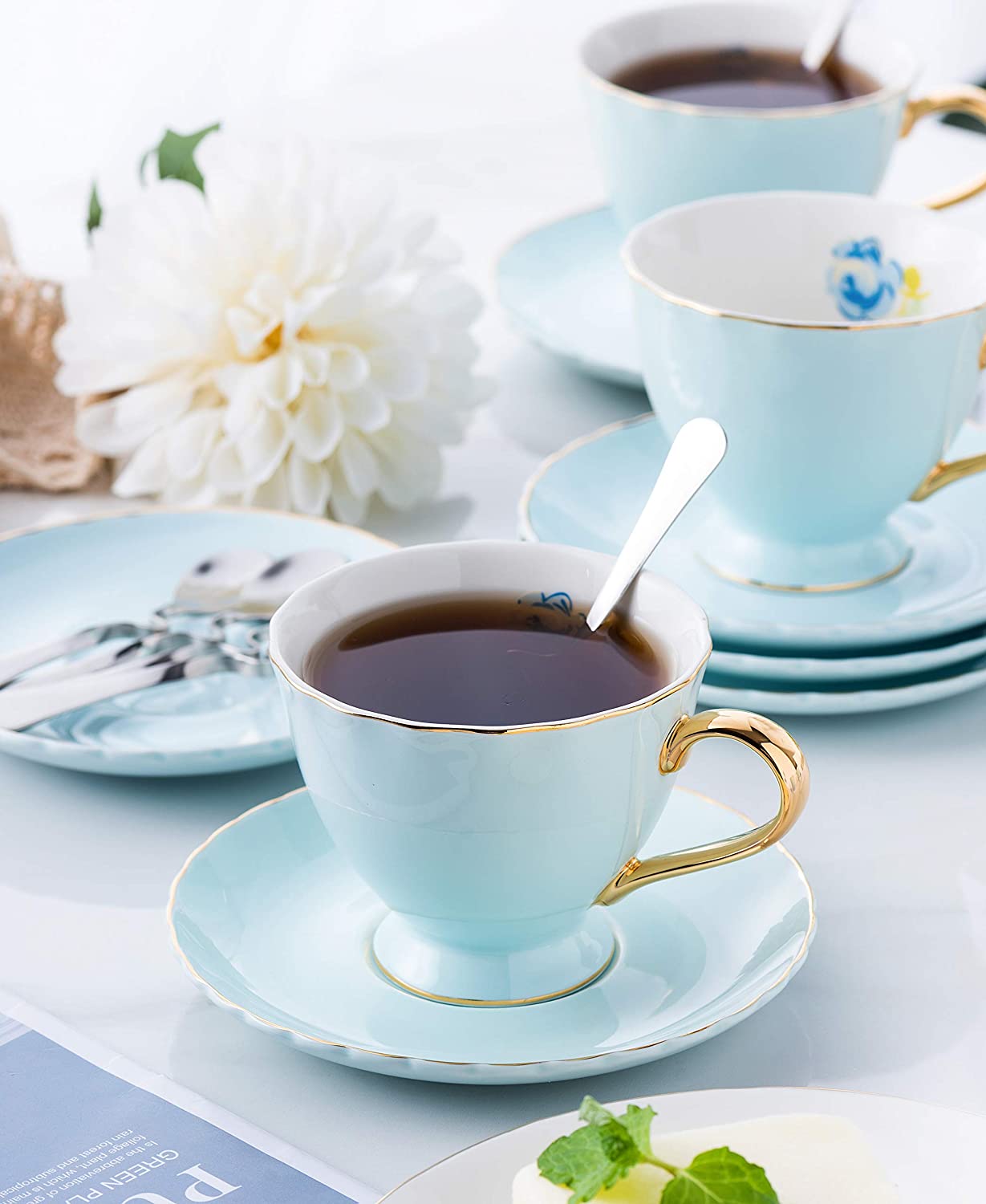 Jusalpha® Fine China Tea Cup and Saucer Coffee Cup Set with Saucer and Spoon Set of 6 (FD-TCS02 blue (6), 7oz)