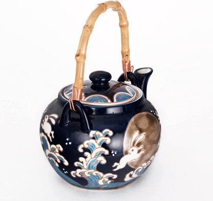 Hinomaru Collection Japanese Style Moon Rabbit Design 25 fl oz Ceramic Teapot with Rattan Handle and 4 Tea Cups Set