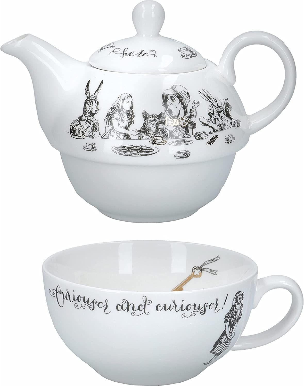 Creative Tops Alice in Wonderland Tea for One Teapot and Cup Gift Box, 2 Piece Set, Gold,white