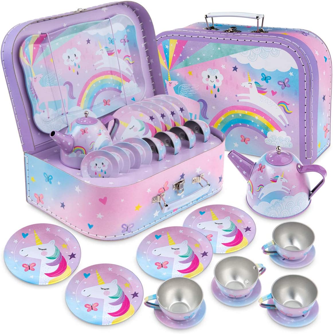 15 Piece Kids Pretend Toy Tin Tea Set & Carrying Case