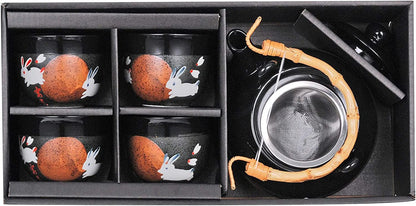 Happy Sales HSTS-RBTMN5, Perfect 5 Piece Ceramic Japanese Design Tea set Rabbit & Moon