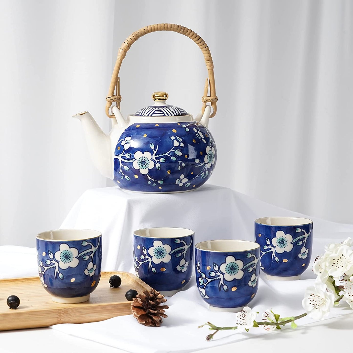 Cobalt Japanese Ceramic Tea Sets with 1 Teapot, 4 Tea Cups, Infuser, Tray