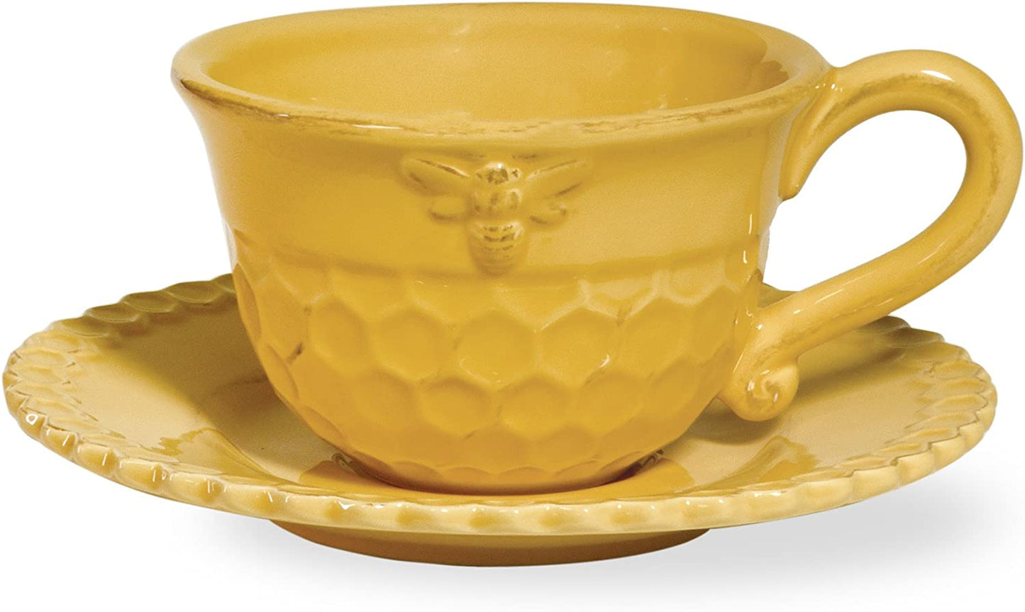 Boston International Embossed Stoneware Teacup and Saucer Set, 8-Ounces, Honeycomb