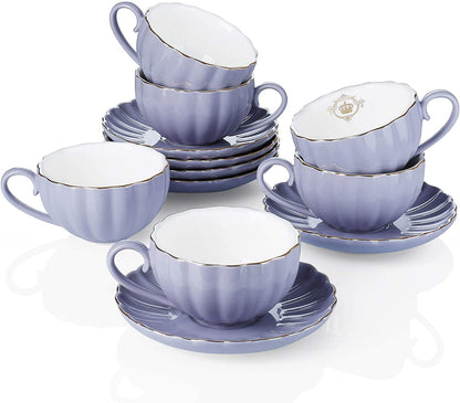 Amazingware Royal Tea Cups and Saucers, with Gold Trim and Gift Box, British Coffee Cups, Porcelain Tea Set, Set of 6 (8 oz)- White