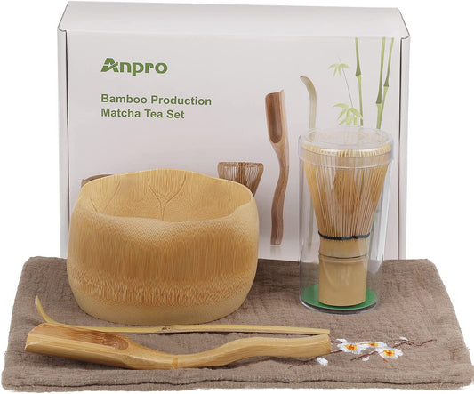 Anpro Bamboo Matcha Tea Whisk Set, Bamboo Whisk Holder Handmade Matcha Ceremony Starter Kit For Traditional Japanese Tea Ceremony (Bamboo-5)
