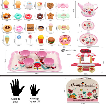 Flower Design 44 piece Tea Set for Little Girls, Princess Tea Time Toys Playset