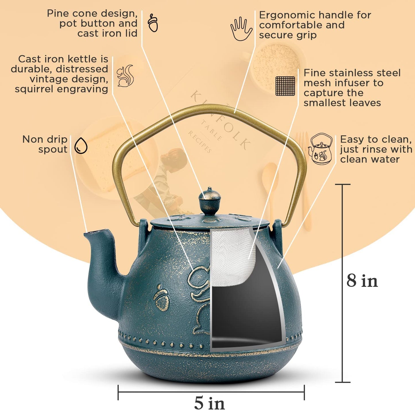 KOFPAR Tea Kettle, Japanese Cast Iron Teapot with Removable Stainless Steel Infuser, Cast Iron Tea Kettle Stovetop Safe, Tetsubin Coated with Enamel Interior (950 ml/33 oz)