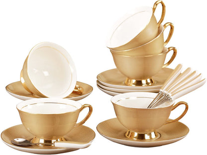 Jusalpha® Porcelain Tea Set-Golden Brown Tea Cup and Saucer Coffee Cup Set with Spoon FD-TCS09 (Set of 6)